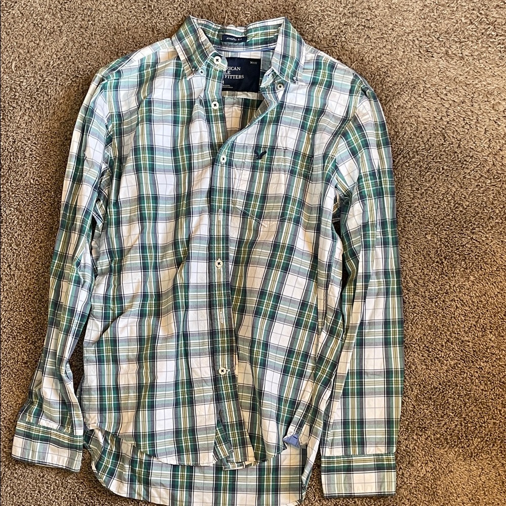 American Eagle Outfitters Men's Blue and Green Checkered Shirt size M
